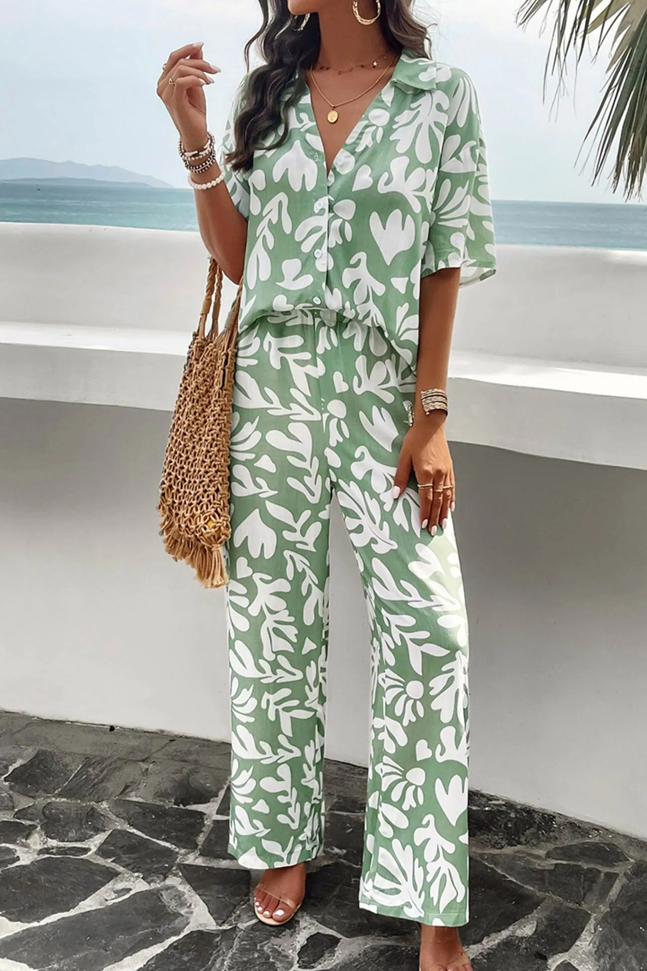 V Neck Printed Shirt Long Pants Set