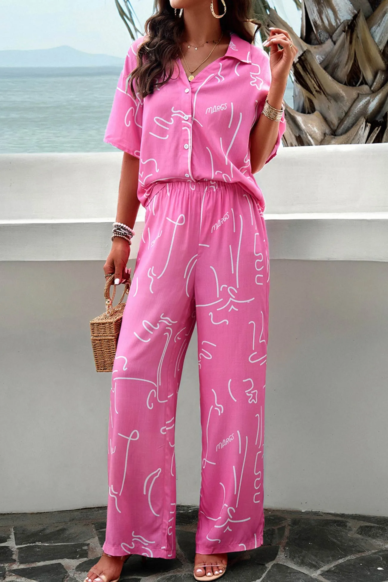 V Neck Printed Shirt Long Pants Set