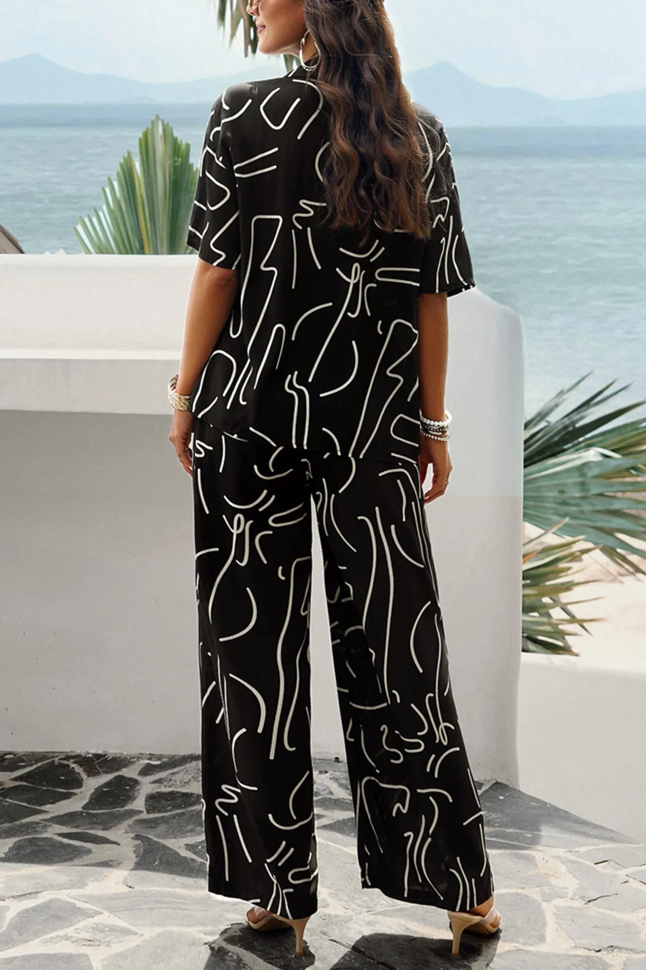 V Neck Printed Shirt Long Pants Set