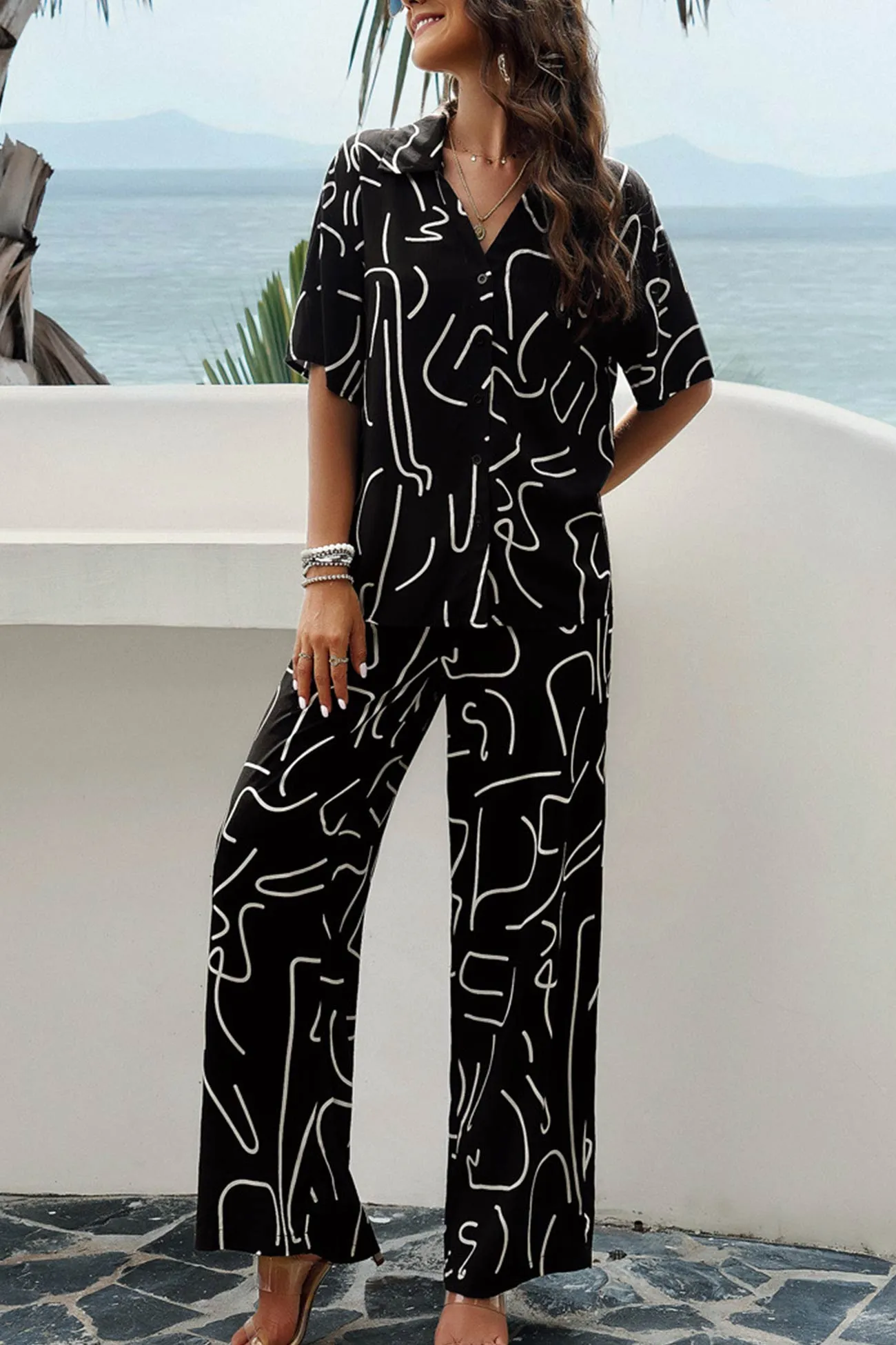 V Neck Printed Shirt Long Pants Set