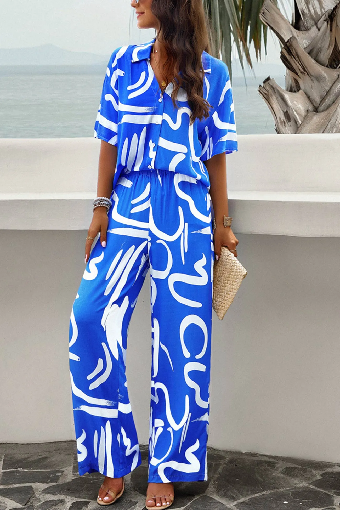 V Neck Printed Shirt Long Pants Set