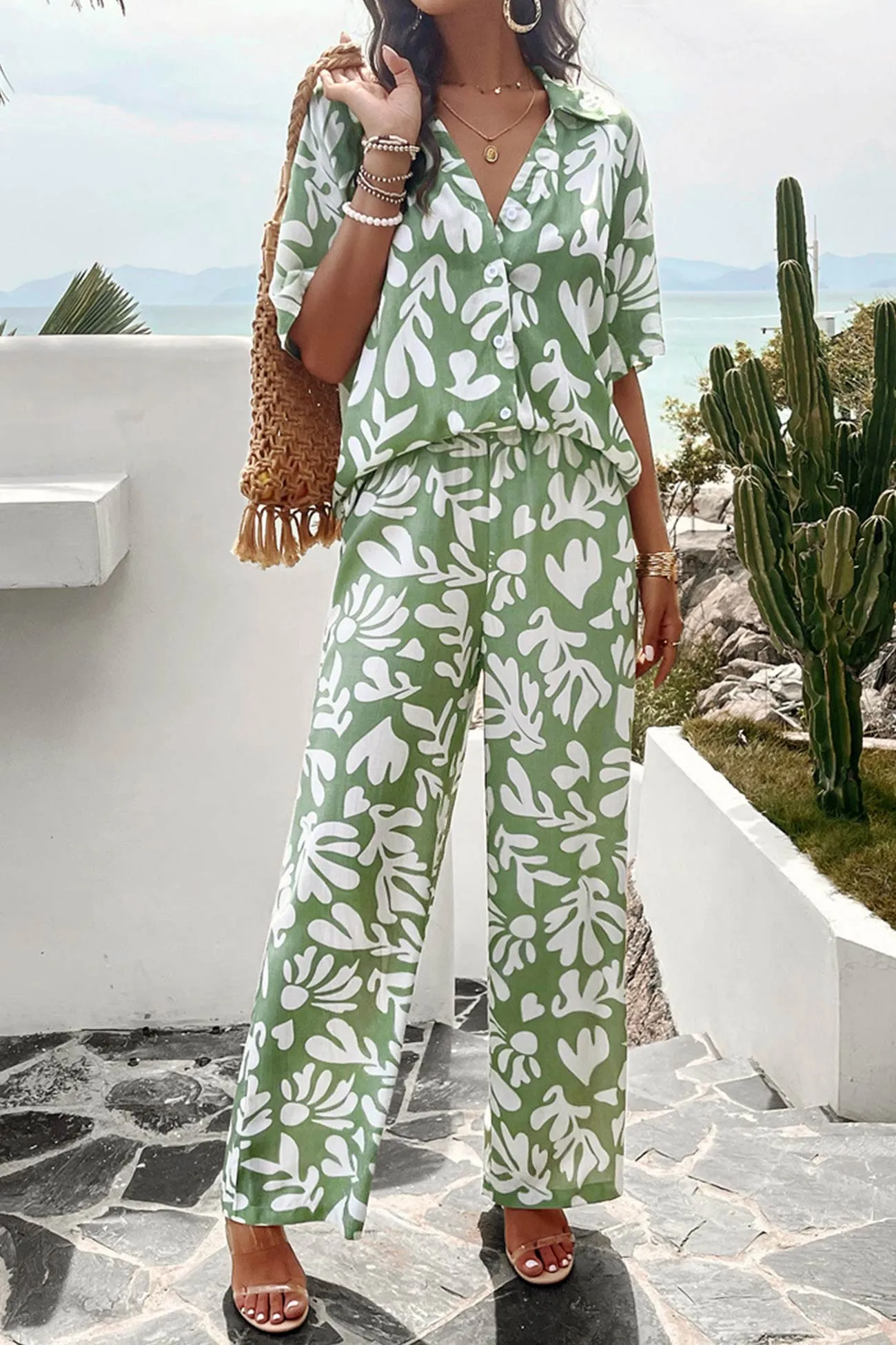 V Neck Printed Shirt Long Pants Set