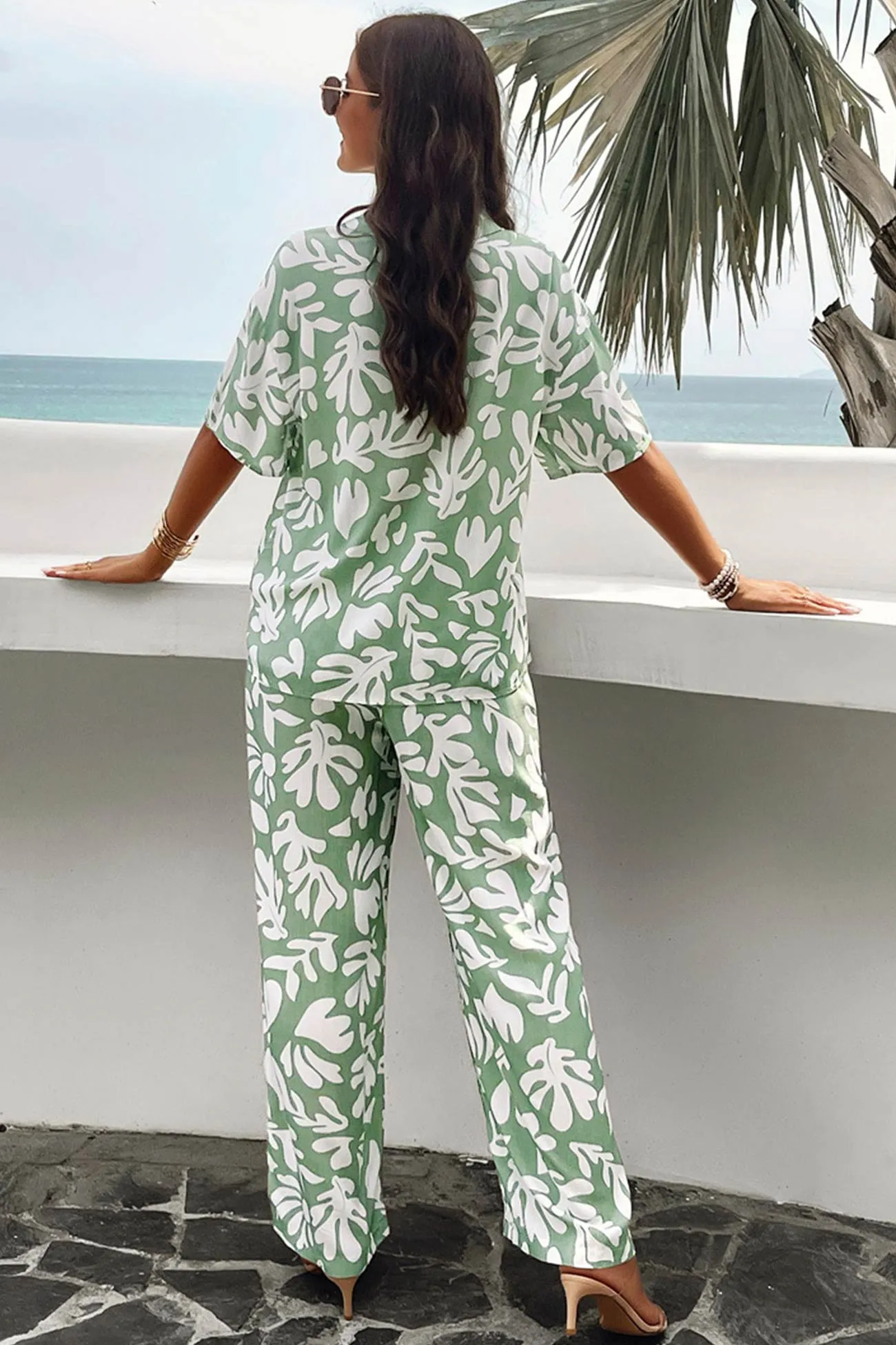 V Neck Printed Shirt Long Pants Set