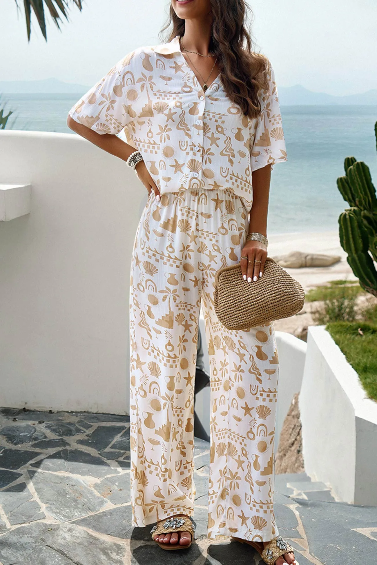 V Neck Printed Shirt Long Pants Set