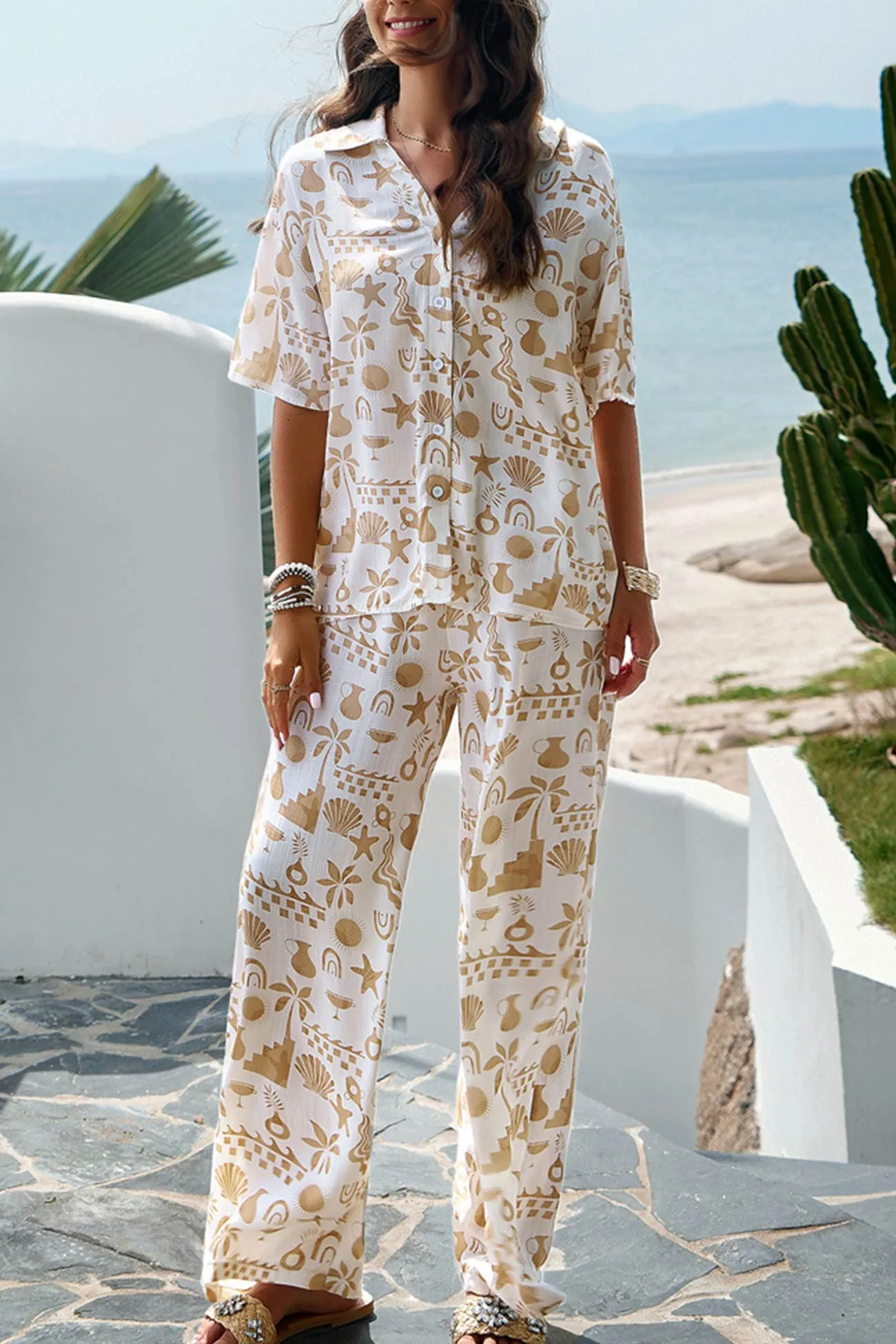 V Neck Printed Shirt Long Pants Set