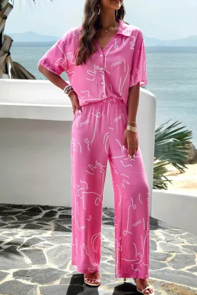 V Neck Printed Shirt Long Pants Set