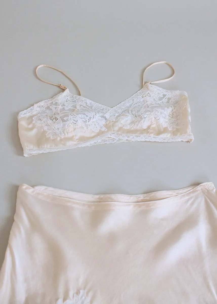 Vintage 1930s Ivory Silk and Lace Tap Pants and Bra Set