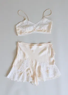 Vintage 1930s Ivory Silk and Lace Tap Pants and Bra Set