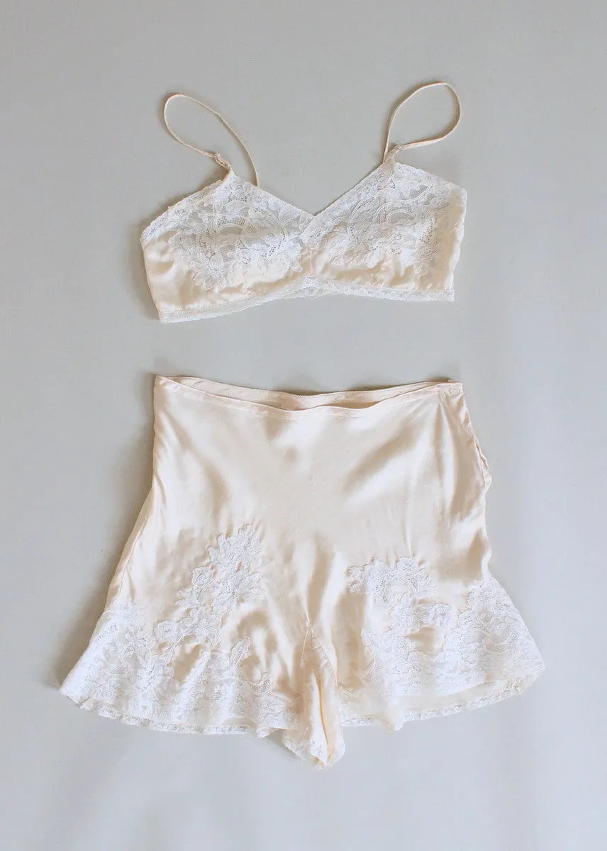 Vintage 1930s Ivory Silk and Lace Tap Pants and Bra Set