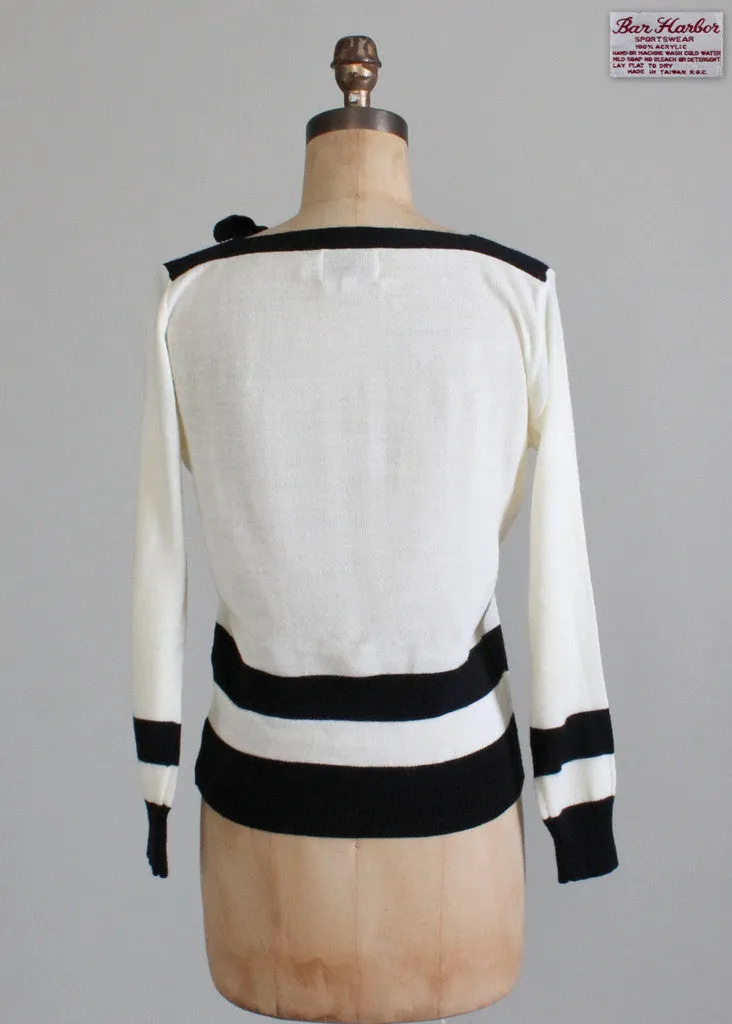 Vintage 1970s Black and White Boatneck Sweater