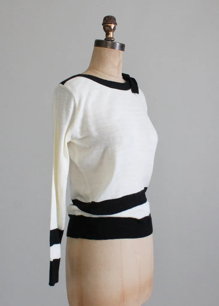 Vintage 1970s Black and White Boatneck Sweater