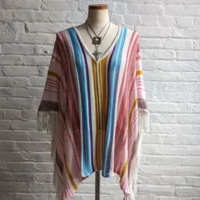 Vintage Knit Rainbow Southwest Blanket Poncho Hippie Fringe Trippy Vest Cape