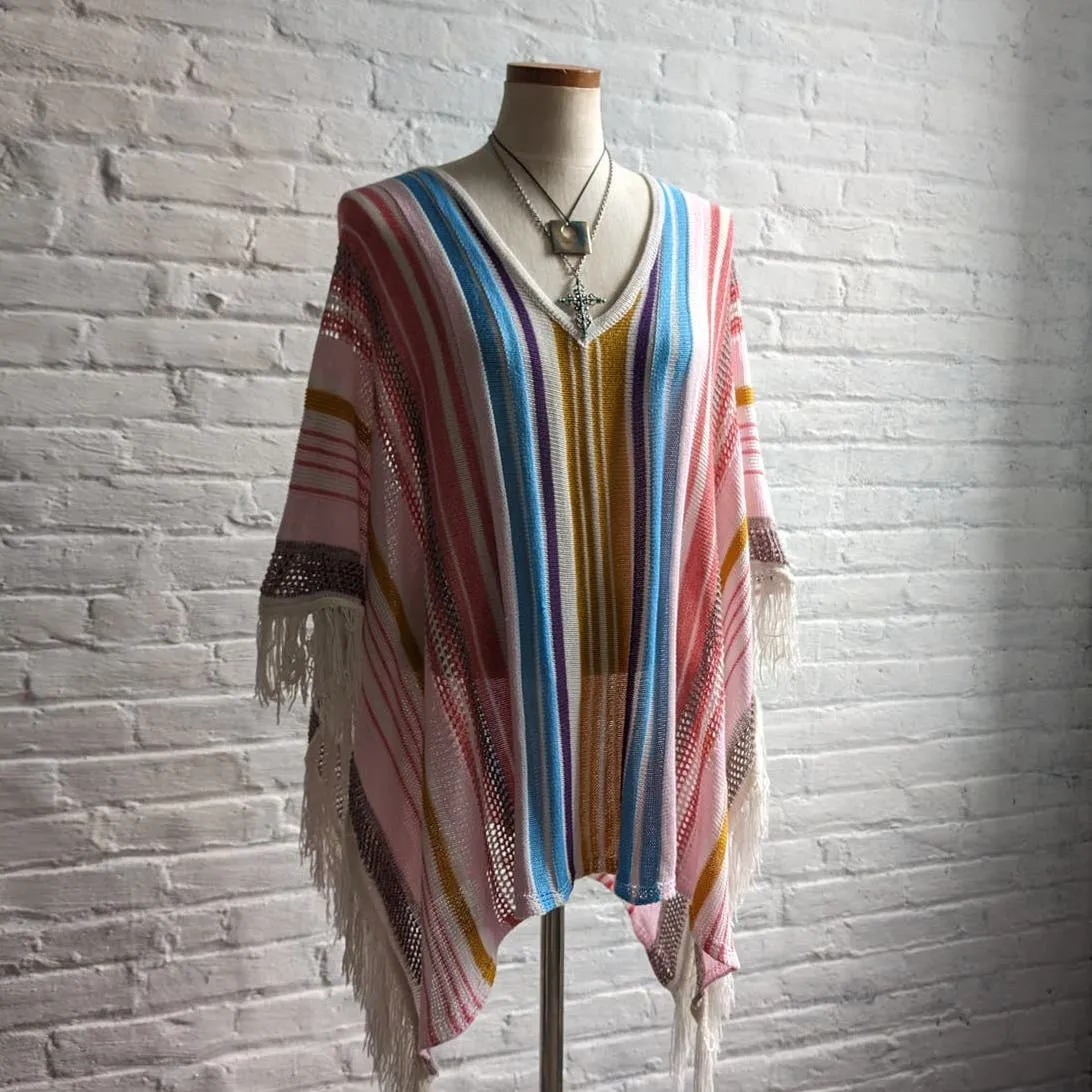 Vintage Knit Rainbow Southwest Blanket Poncho Hippie Fringe Trippy Vest Cape