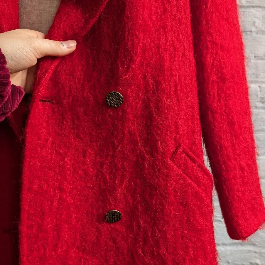 Vintage Red Fuzzy Mohair Wool Blazer Trench Shaggy Statement Pea Coat Jacket