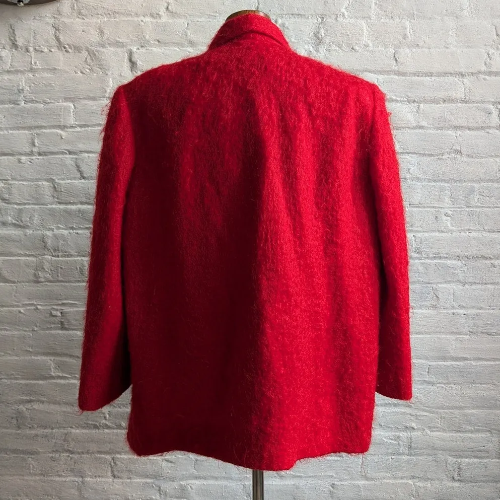 Vintage Red Fuzzy Mohair Wool Blazer Trench Shaggy Statement Pea Coat Jacket