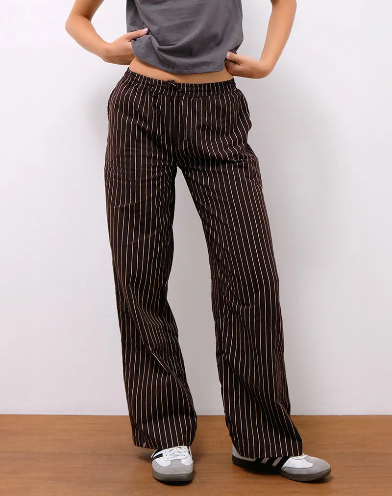 Wasic Wide Leg Linen Trousers in Deep Mahogany Pencil Stripe