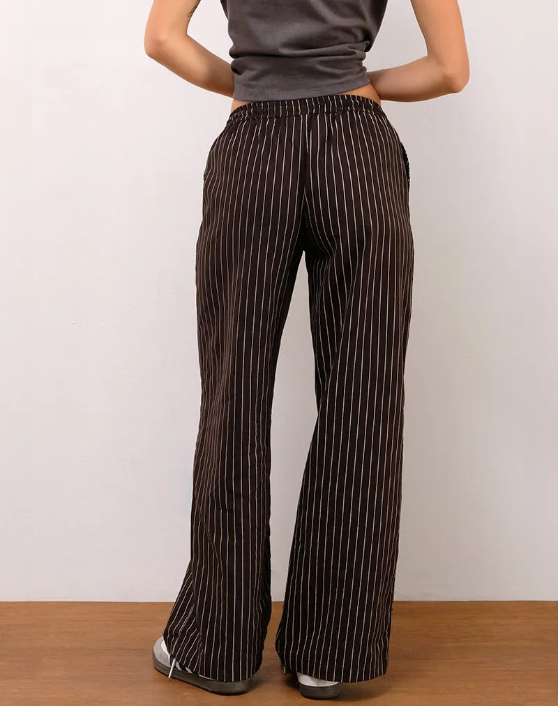 Wasic Wide Leg Linen Trousers in Deep Mahogany Pencil Stripe