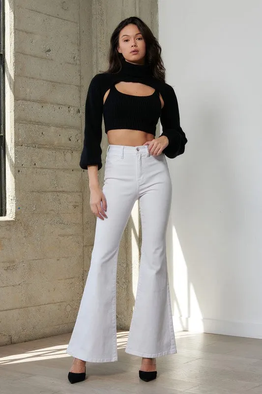 White High Waisted Full Length Denim Flare Pants