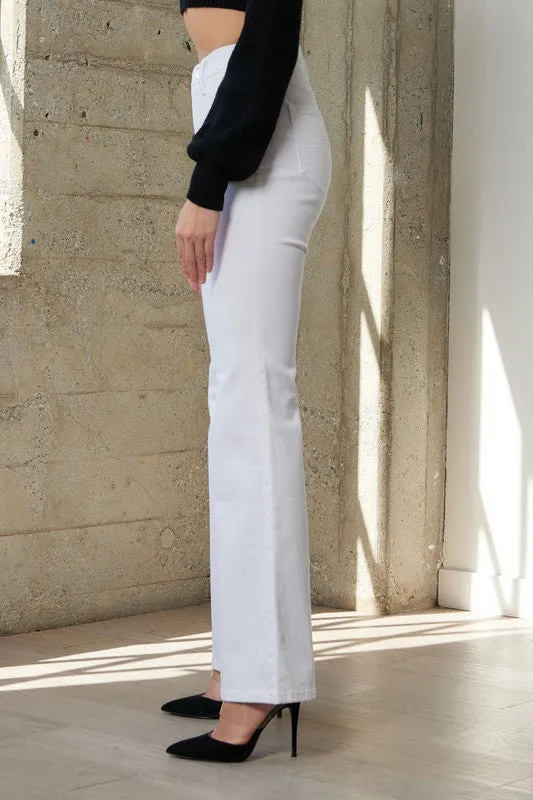 White High Waisted Full Length Denim Flare Pants