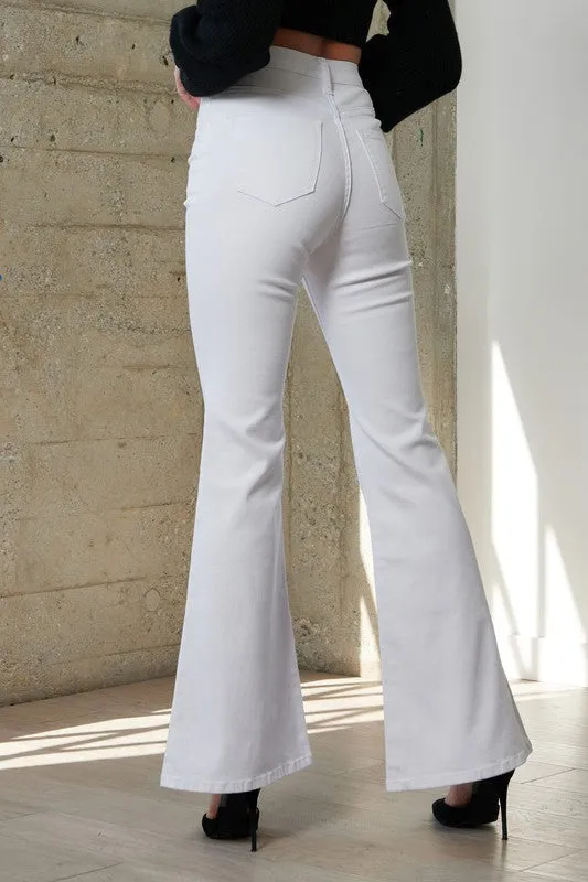 White High Waisted Full Length Denim Flare Pants