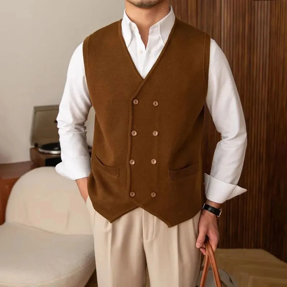 Wiaofellas  -  Mens Vintage Homemade British Autumn And Winter Trendy Brand Knitted Casual Versatile Double-Row Vest Cardigan Retro Waistcoat