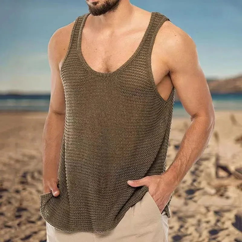 Wiaofellas  -  Spring Summer Knitted Men Sweater Vest Casual Sleeveless Sweaters Mens Cable O-neck Sweater StripeCasual Pullover Tops