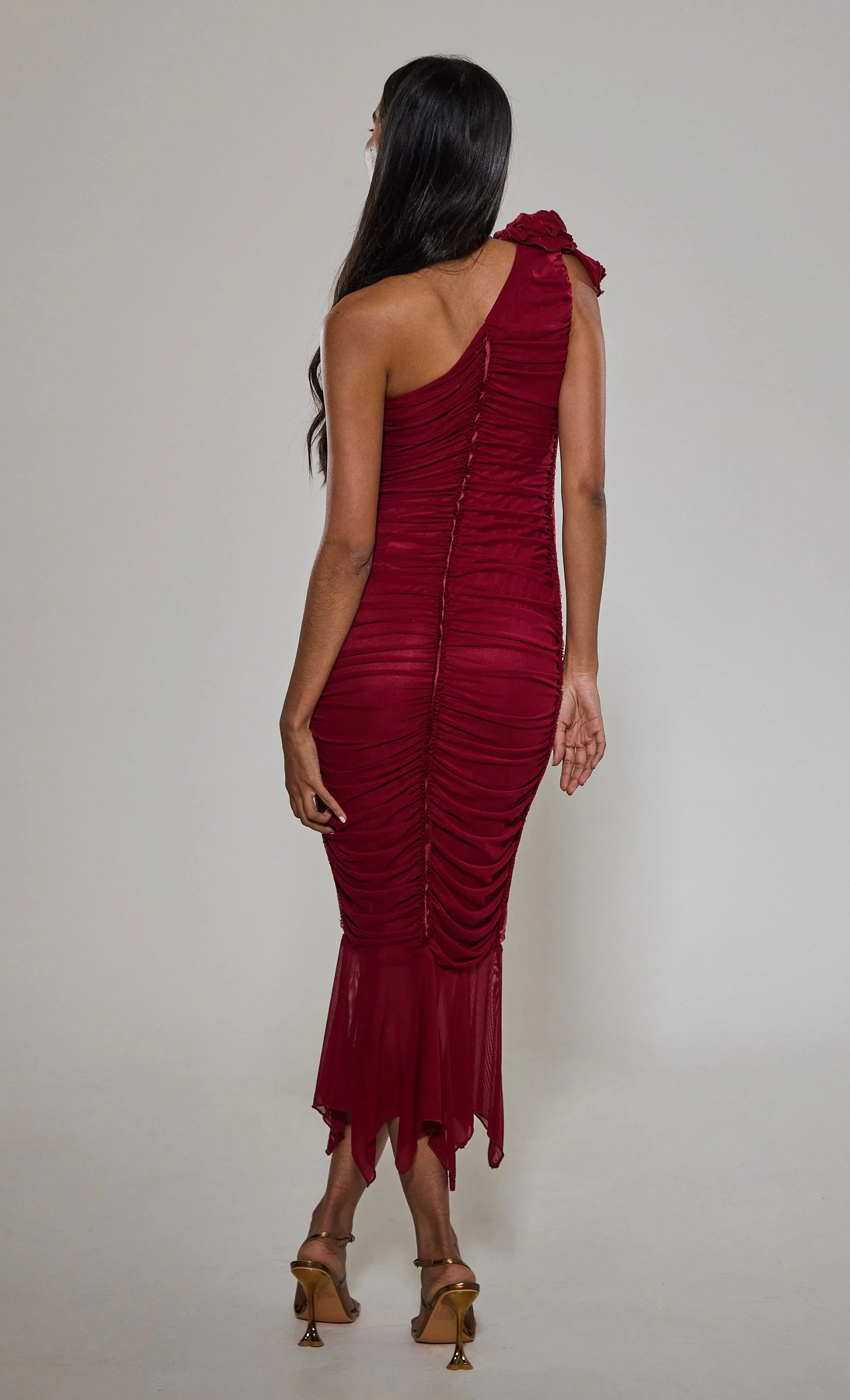 Wine One Shoulder Corsage Dress