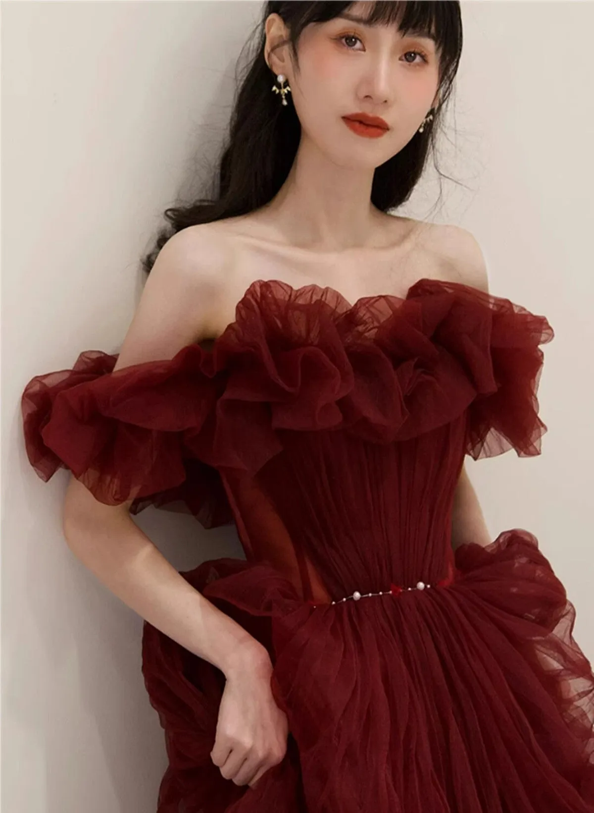 Wine Red Tulle Off Shoulder Long Party Dress, Wine Red Tulle Prom Dress