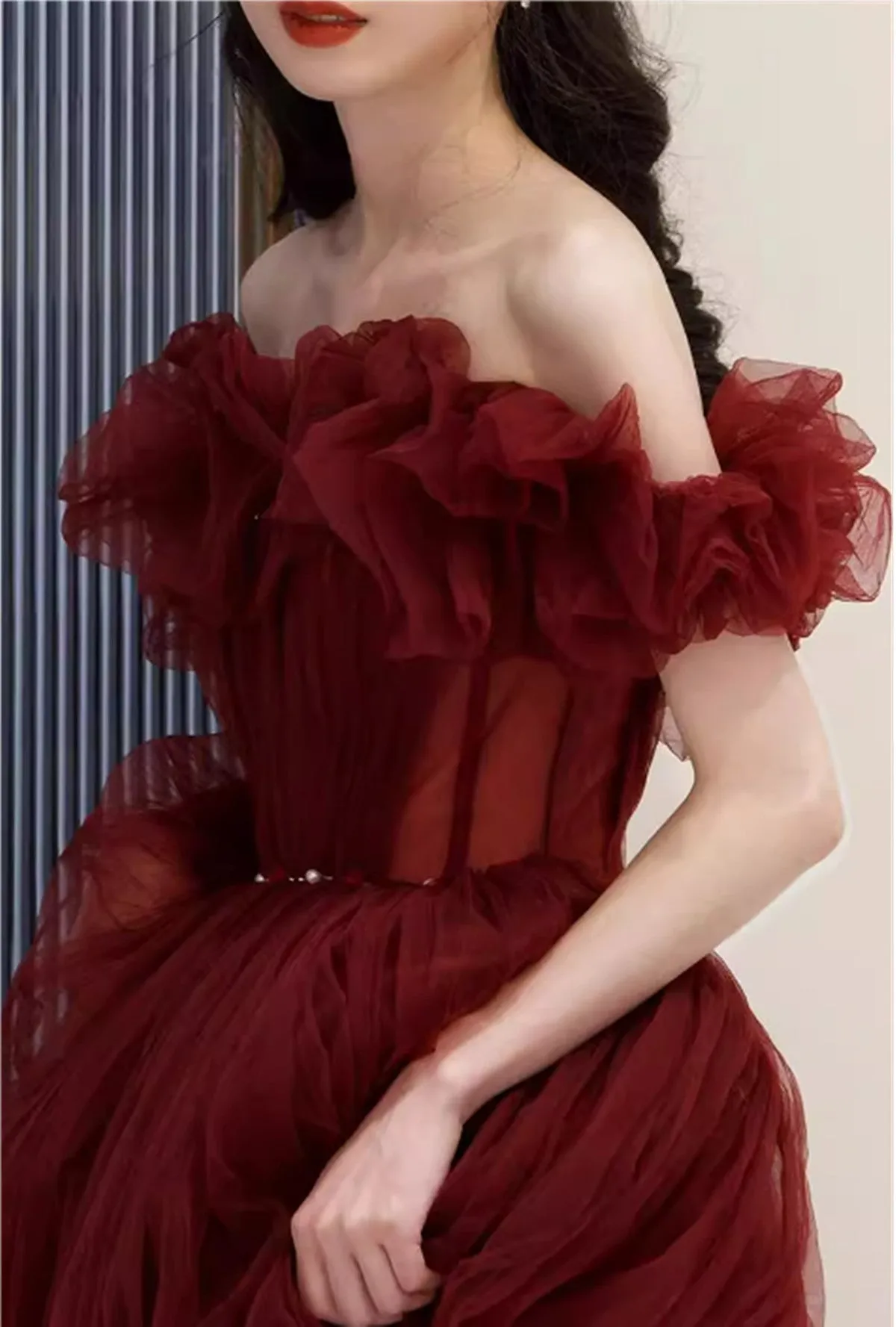 Wine Red Tulle Off Shoulder Long Party Dress, Wine Red Tulle Prom Dress