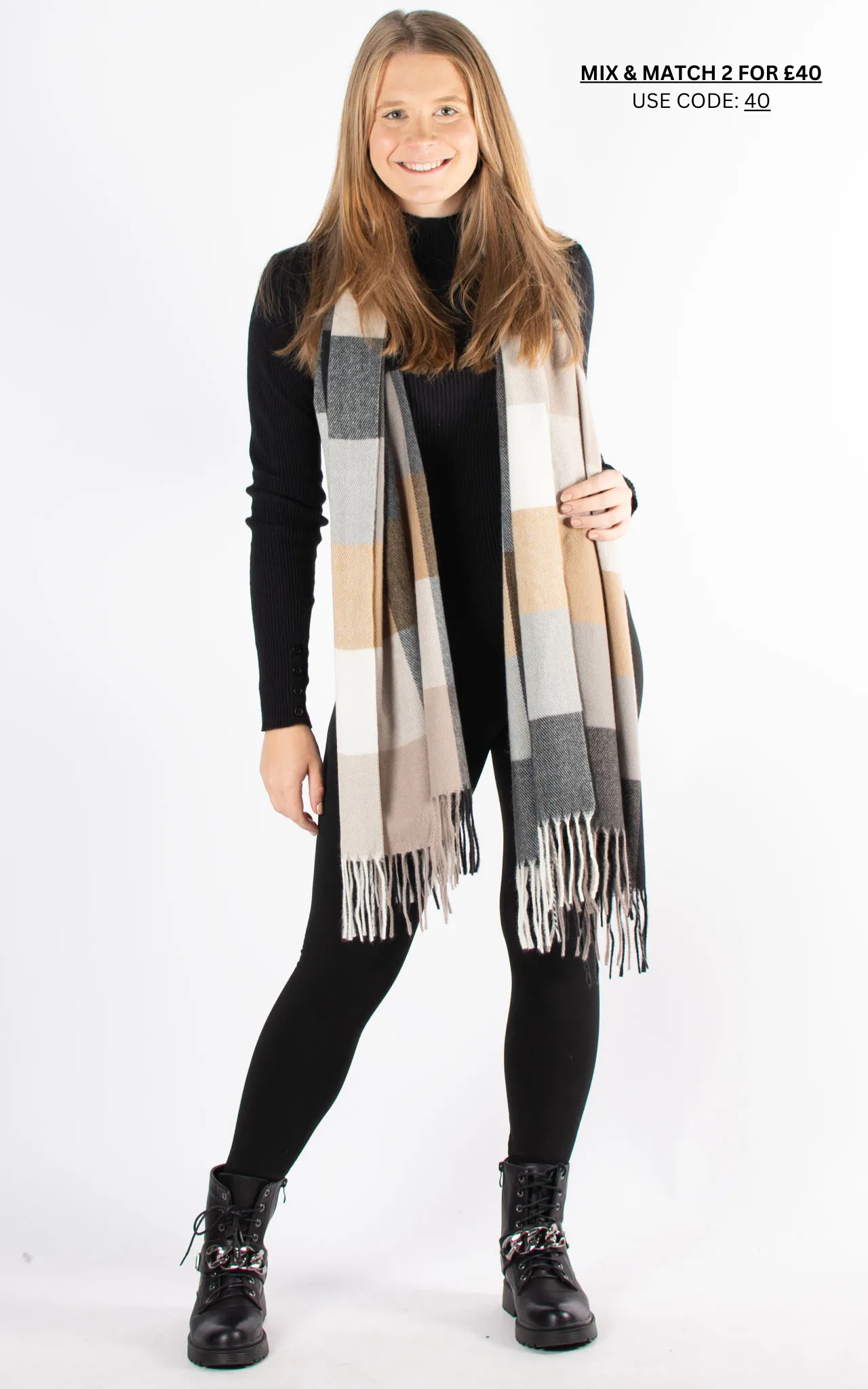 Winter Blanket Scarf | Squares | Black, Taupe & Cream