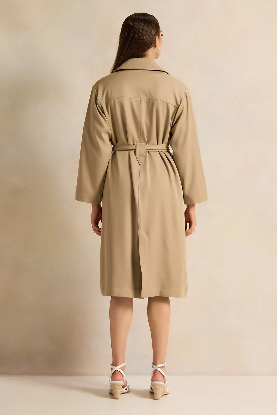 Women Beige Belted Trench Coat