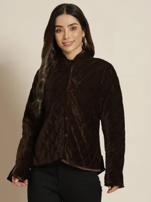 Women Brown Velvet Full Sleeve Quilted Jacket