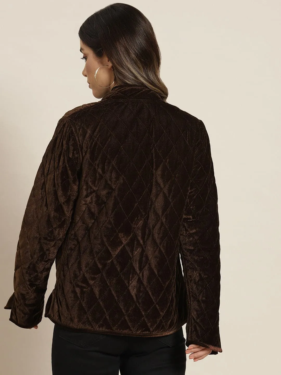 Women Brown Velvet Full Sleeve Quilted Jacket