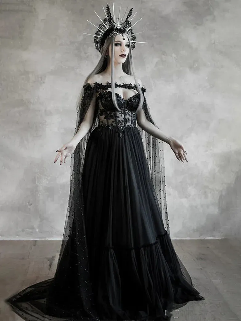 Women Gothic Pearl Mesh Long Shawl for Wedding Cosplay