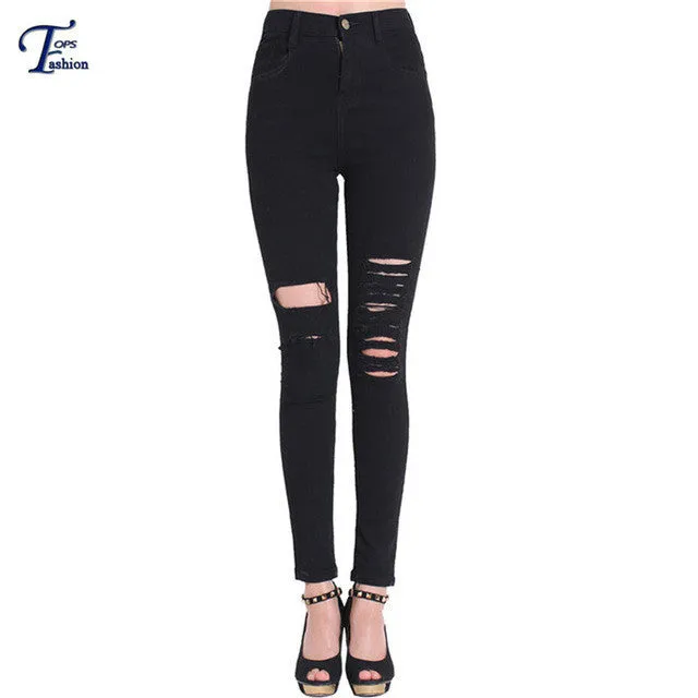 Women Jeans 2016 Brand Casual High Street Summer Fashion High Waist Ripped Slim Knee Hole Pencil Denim Pants