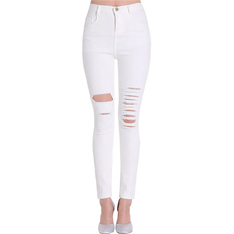 Women Jeans 2016 Brand Casual High Street Summer Fashion High Waist Ripped Slim Knee Hole Pencil Denim Pants