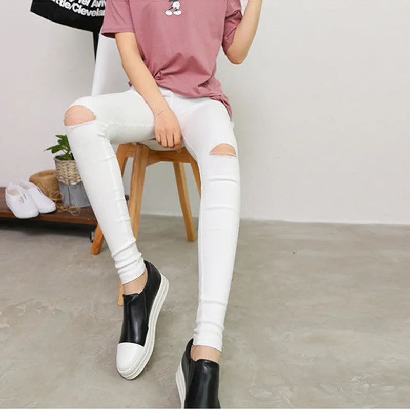 Womens 2015 Spring Summer New Fashion High Quality Woven Cotton Hole Ripped Jeans Leggings Pants Gothic Wash Leggings For Women