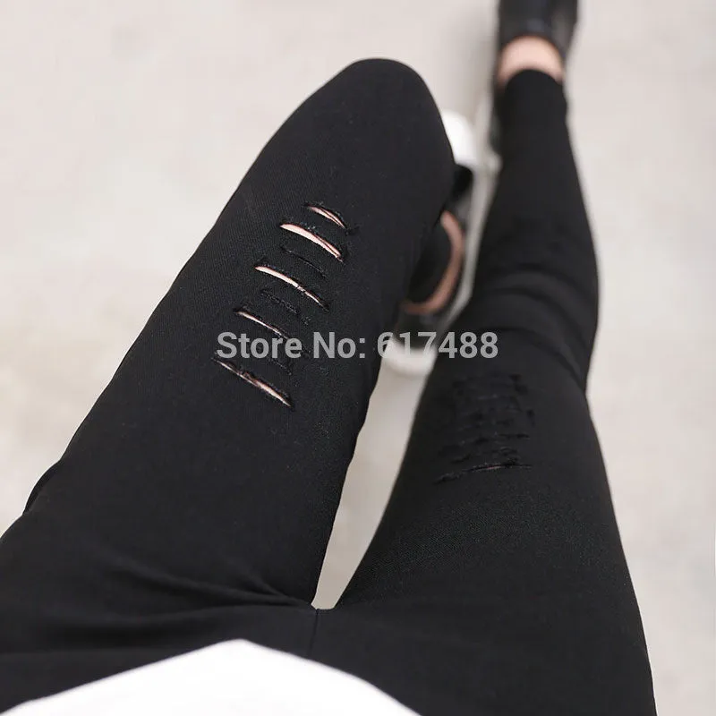 Womens 2015 Spring Summer New Fashion High Quality Woven Cotton Hole Ripped Jeans Leggings Pants Gothic Wash Leggings For Women