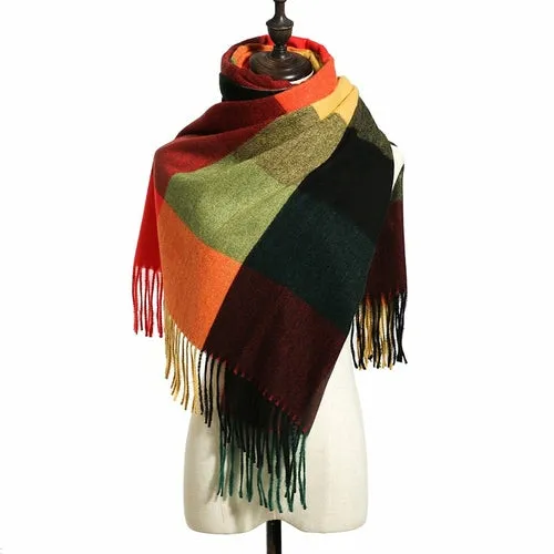 Women's Fall Winter Scarf Classic Tassel Plaid Scarf