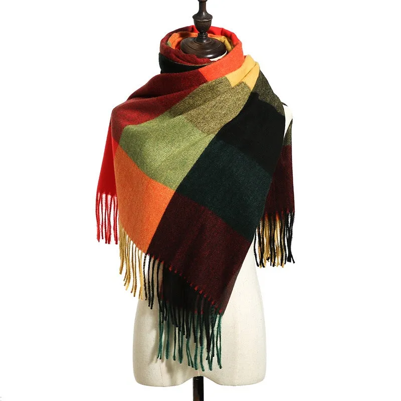 Women's Fall Winter Scarf Classic Tassel Plaid Scarf