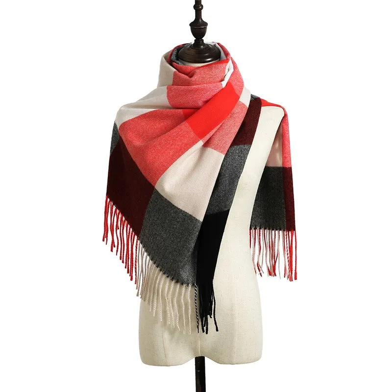 Women's Fall Winter Scarf Classic Tassel Plaid Scarf