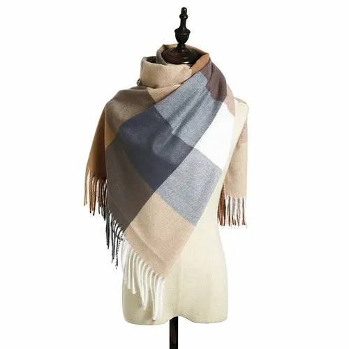 Women's Fall Winter Scarf Classic Tassel Plaid Scarf