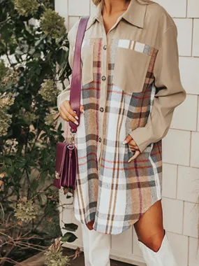 Womens Khaki Plaid Patchwork Long Sleeve Shirt Mini Dress