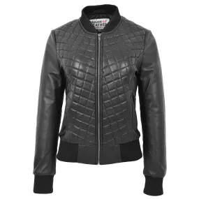 Womens Leather Varsity Quilted Bomber Jacket Sally Black