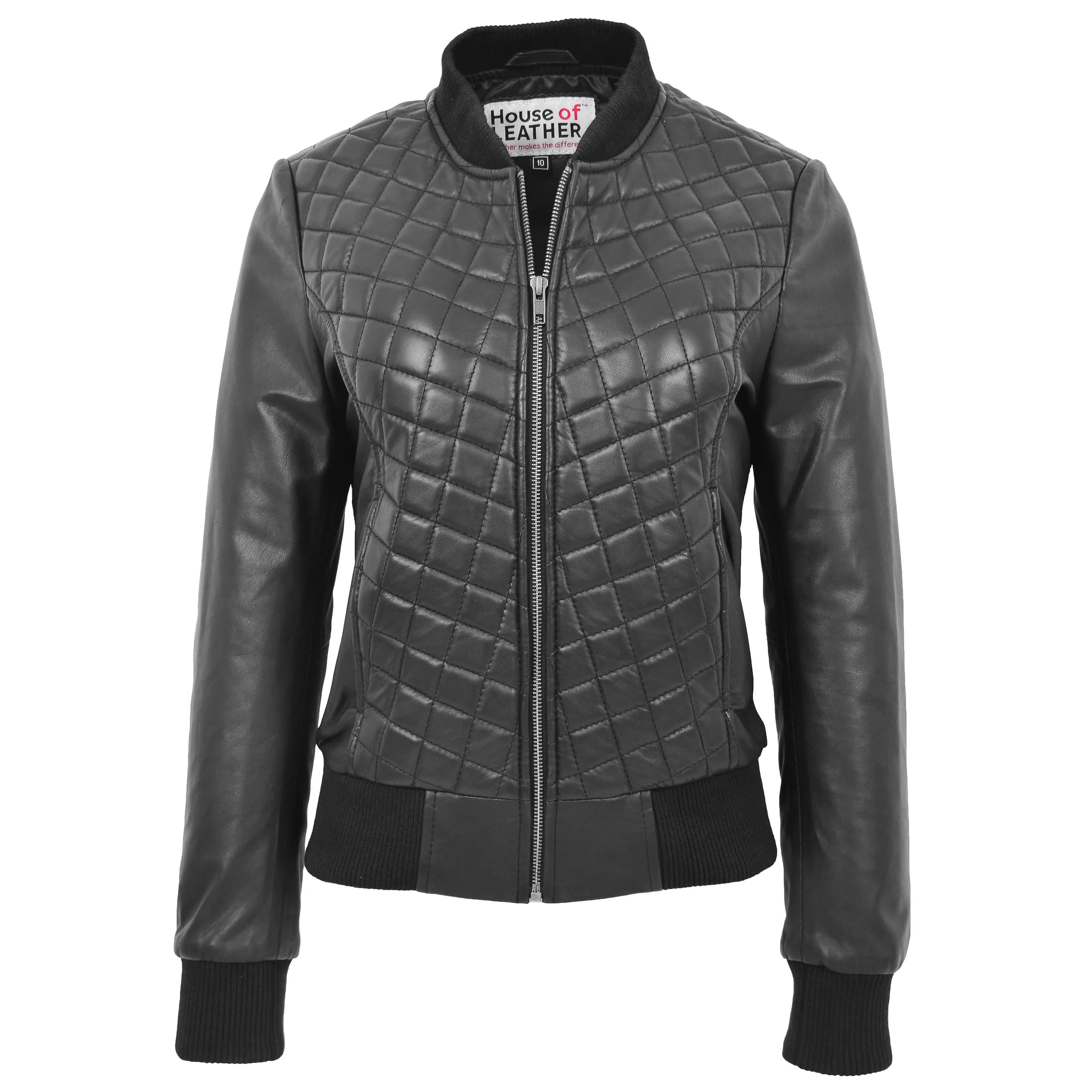 Womens Leather Varsity Quilted Bomber Jacket Sally Black