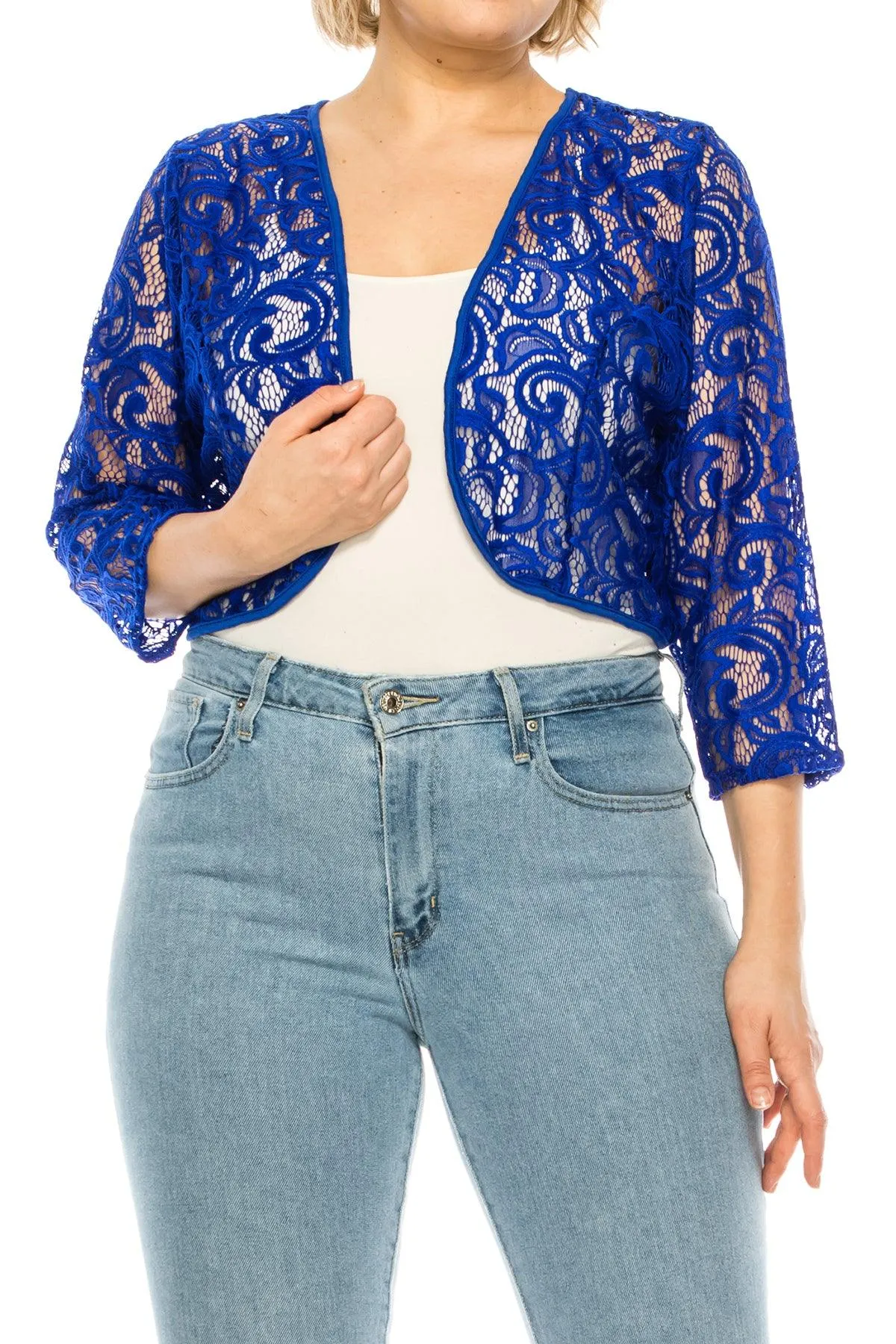 Women's Plus Size Casual Lace Bolero Crochet Cardigan 3/4 Sleeve Sheer Cover Up Jacket