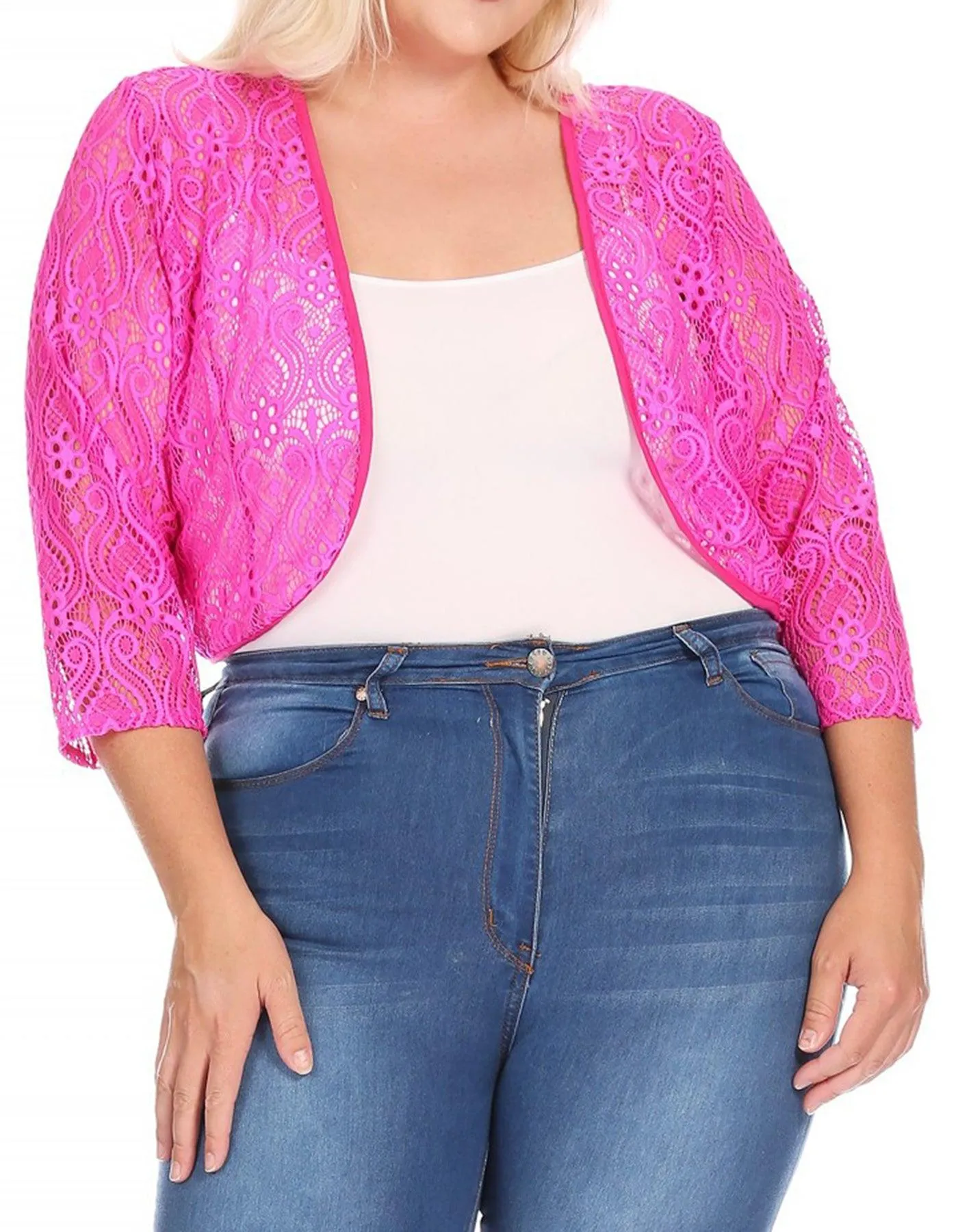 Women's Plus Size Casual Lace Bolero Crochet Cardigan 3/4 Sleeve Sheer Cover Up Jacket