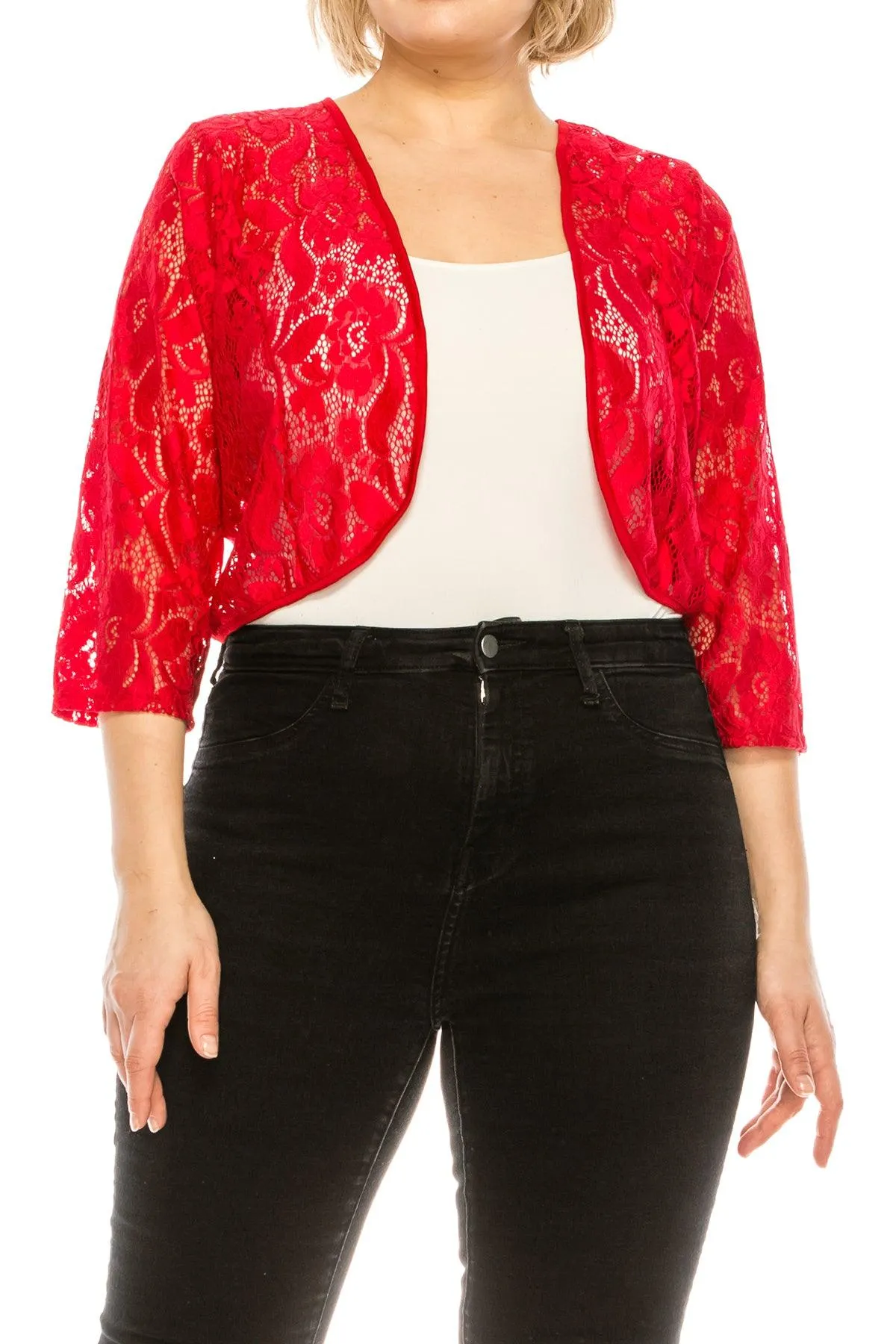 Women's Plus Size Casual Lace Bolero Crochet Cardigan 3/4 Sleeve Sheer Cover Up Jacket