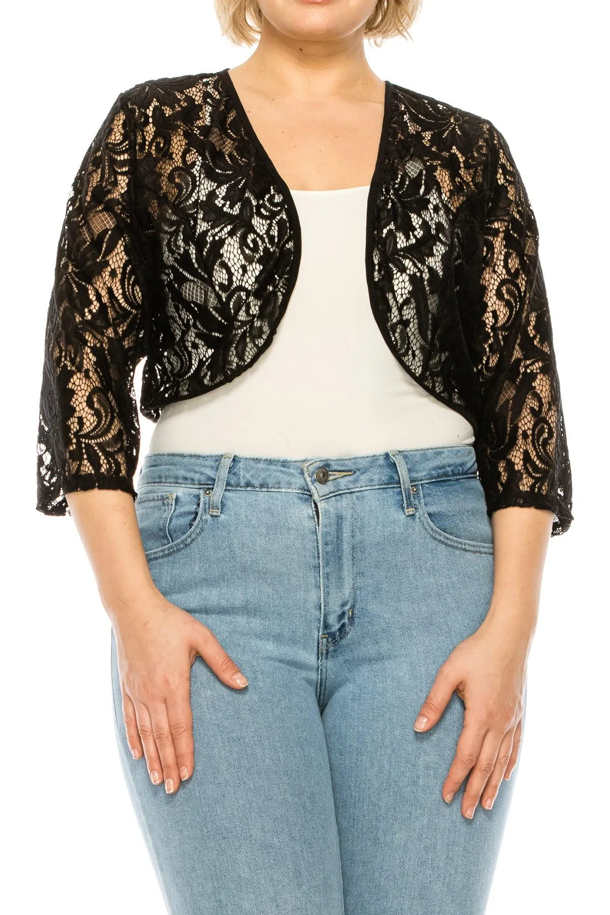 Women's Plus Size Casual Lace Bolero Crochet Cardigan 3/4 Sleeve Sheer Cover Up Jacket