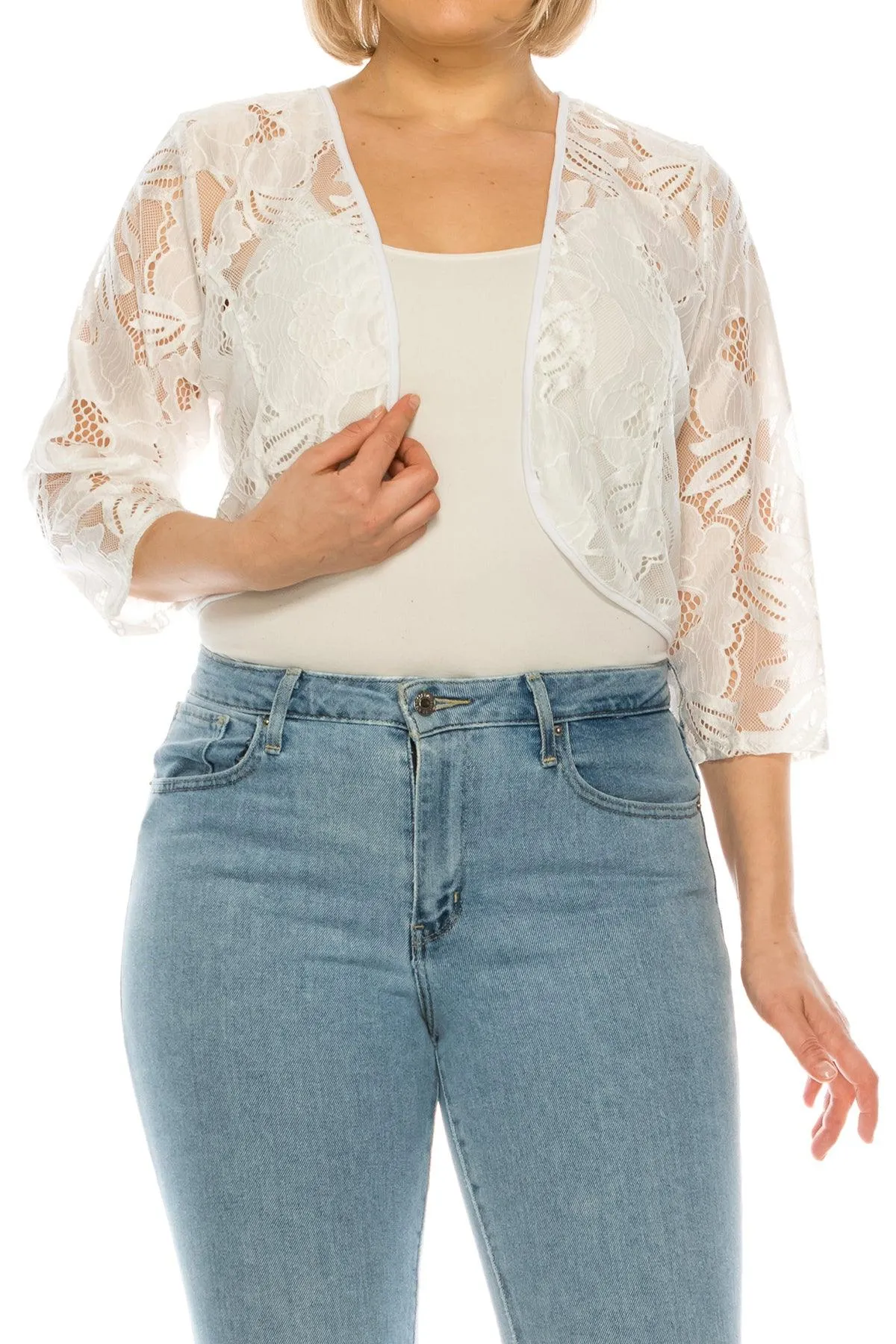 Women's Plus Size Casual Lace Bolero Crochet Cardigan 3/4 Sleeve Sheer Cover Up Jacket